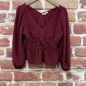 Madewell Crop Top Womens XS Dark Pink Black Plaid Crinkle Tie Waist Casual Shirt